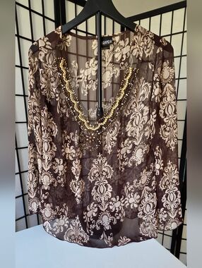 Baranda Women's Embroidered Bead-Detail Brown Sheer Blouse with Cami~Size Small